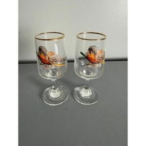 Vintage Pheasant liqueur Glasses Gold Rim Set of 2